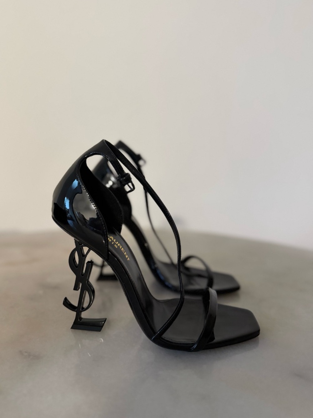 Saint Laurent Black Patent 'Opyum' Ankle-Strap Heels - Picture 2 of 9